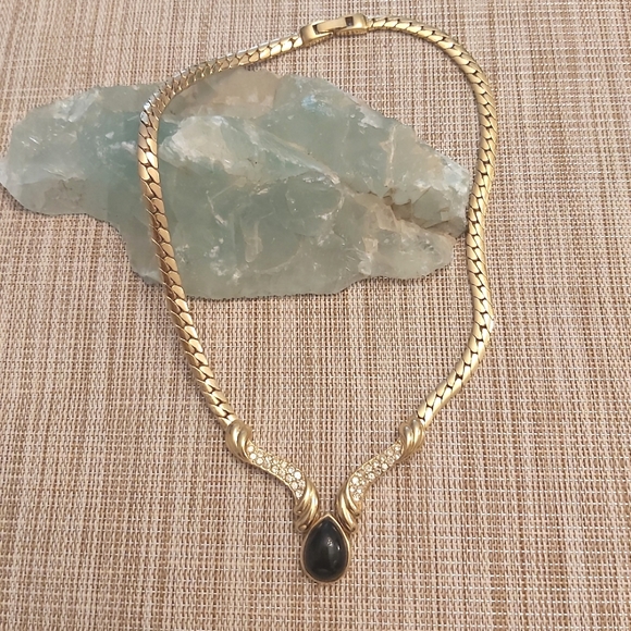 Vintage choker gold black stone necklace rhinestones 15" - Picture 2 of 9